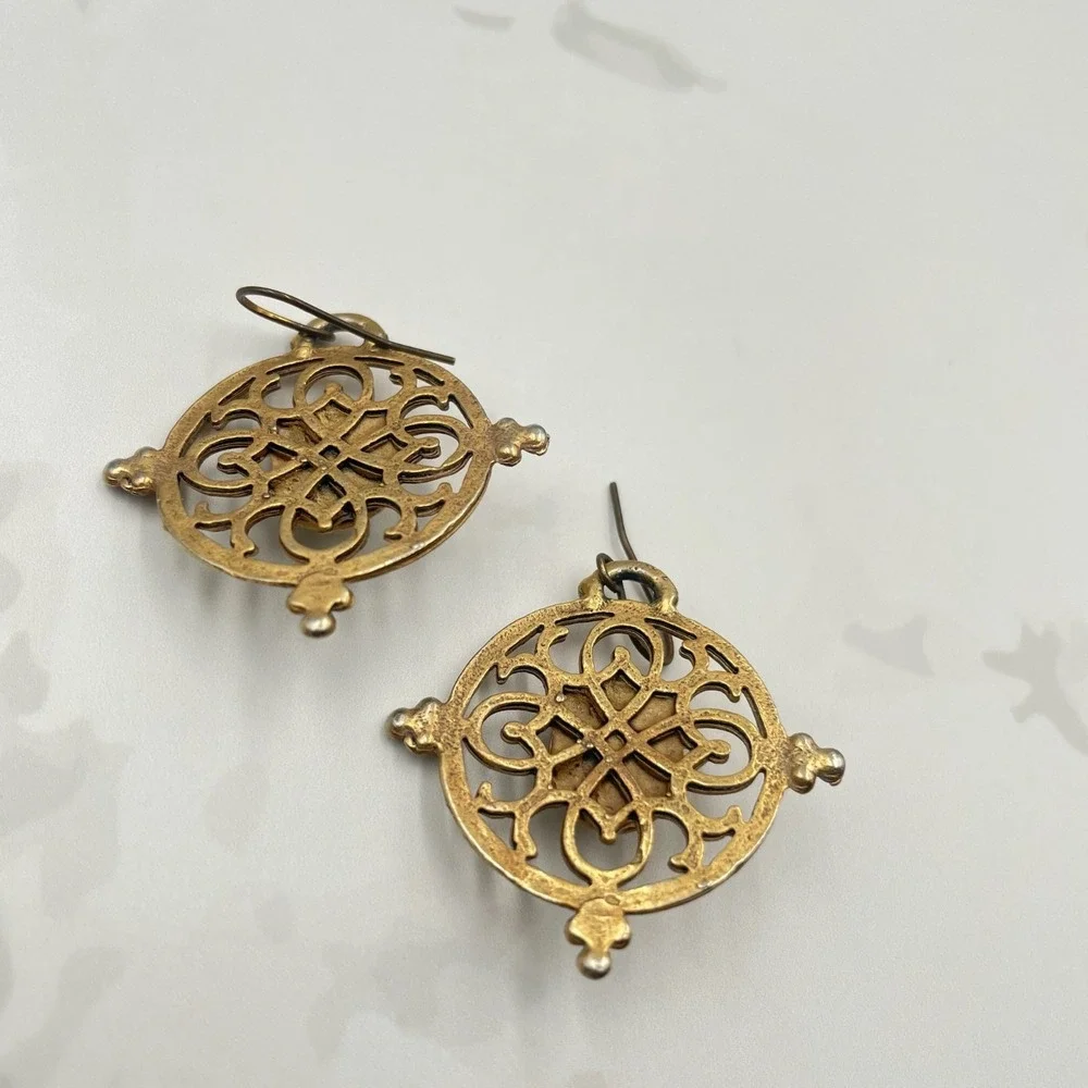 Vintage Gold Tone Faux Pearl Drop Earrings Filigree Bohemian Round‎ Dangle Boho